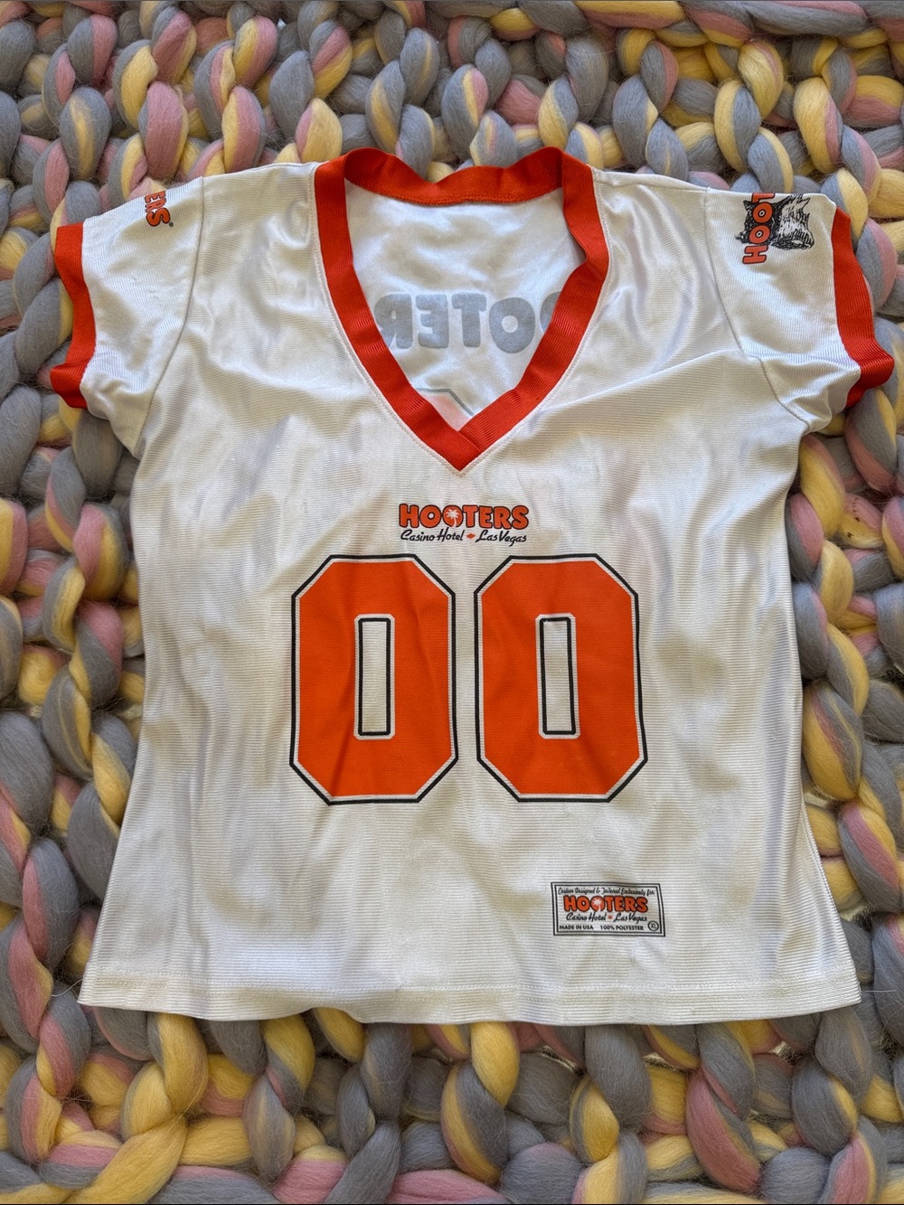 Hooters White Tee with Bright Orange Trim & Number Graphic